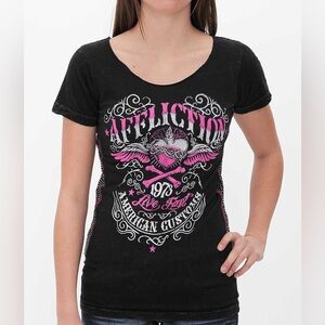 AFFLICTION women’s Y2K raw neckline rhinestoned short sleeve t-shirt